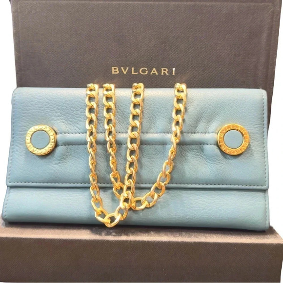 Rare Bvlgari Double Logo Blue Leather Flap Trifold Long Wallet - Picture 2 of 15